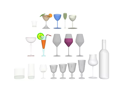 Stylish Wine Bottle And Various Wine Glasses With Different Colors And Designs 3d model