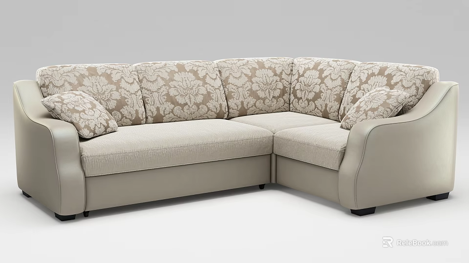 Light Beige L Shaped Sectional Sofa With Patterned Cushions And Padded Armrests 3d model