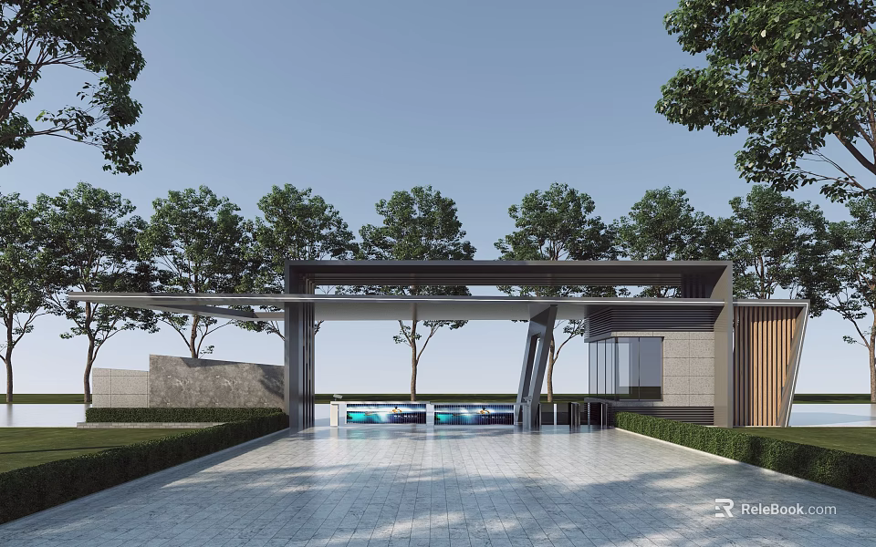 Modern Entrance Gate Design With Surrounding Trees Paved Driveway And Lush Greenery 3d model 