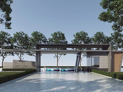 Modern Entrance Gate Design With Surrounding Trees Paved Driveway And Lush Greenery 3d model
