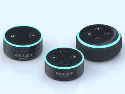 Three Black Amazon Smart Speakers With Blue Ring Lights And Control Buttons 3d model