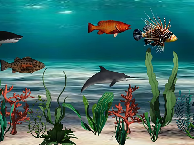 Shark Dolphin Lionfish And Colorful Fish Swimming In Underwater Seabed With Coral And Seaweed 3d model