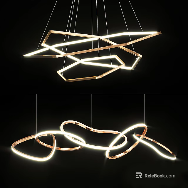 Modern Geometric Chandelier With Illuminated Lines And Intertwined Circular Ring Structure 3d model 