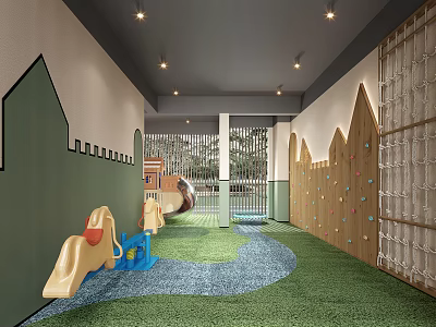 Colorful Kids Play Space With Slide Climbing Wall Green Turf Blue Waterway And Ceiling Lights 3d model