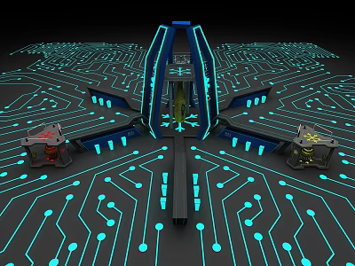 Modern Futuristic Elevator Corridor With Blue Glowing Lines And Circuit Patterns 3d model