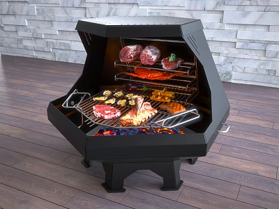 Outdoor Black Grill With Grilling Meat Steak And Sausage On Wooden Deck 3d model