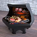 Outdoor Black Grill With Grilling Meat Steak And Sausage On Wooden Deck