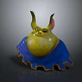 Fantasy Character Creature Yellow Chubby with Horns Pink Ears and Blue Outfit Yellow Trim