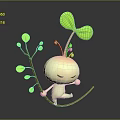 White Closed Eye Cartoon Character Dancing With Green Seedling Plant And Leaves