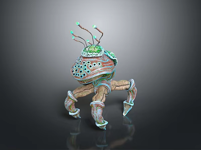 Unique 3D Designed Mechanical Creature with Green Tentacles and Patterned Legs 3d model