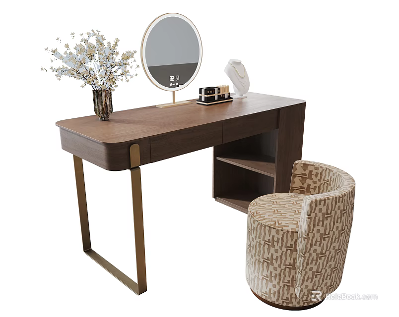 Modern Walnut Dressing Table With Round LED Mirror And Patterned Upholstered Makeup Stool For Bedroom 3d model 