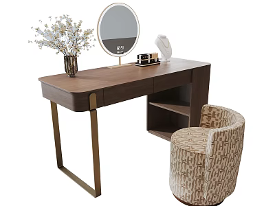 Modern Walnut Dressing Table With Round LED Mirror And Patterned Upholstered Makeup Stool For Bedroom 3d model