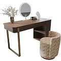 Modern Walnut Dressing Table With Round LED Mirror And Patterned Upholstered Makeup Stool For Bedroom