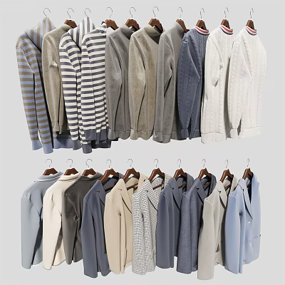 Casual Long Sleeve Clothes Hanging On Hangers In Various Soft Tones For Daily Wear 3d model