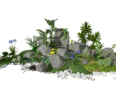 Natural Garden Miniature Arrangement With Rocks Green Foliage Colorful Flowers and Mossy Pebbles 3d model