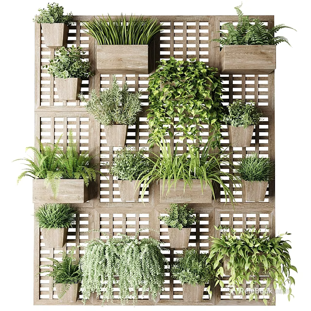 Living Plant Wall with Wooden Planters and Diverse Green Foliage on Grid Structure 3d model 