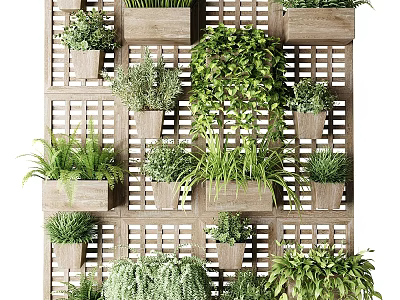 Living Plant Wall with Wooden Planters and Diverse Green Foliage on Grid Structure 3d model