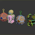 Colorful Decorative Ornaments With Vibrant Shapes And Intricate Designs On Black Surface