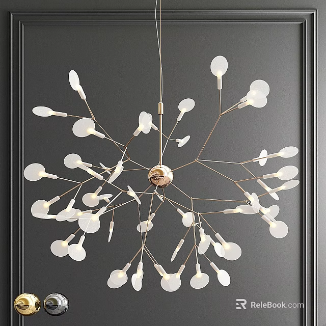 Modern Chandelier With Branch Like Brass Structure And White Round Shades 3d model 
