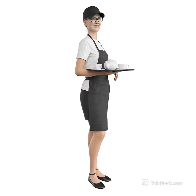 Woman in white t-shirt and grey apron carrying tray with white cups and plates 3d model 