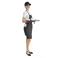 Woman in white t-shirt and grey apron carrying tray with white cups and plates