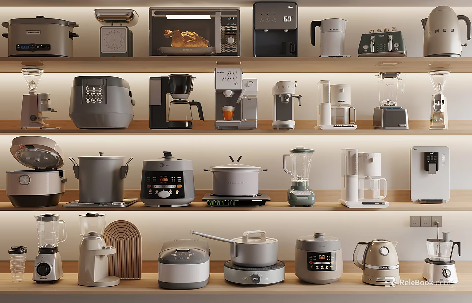 Various Types of Kitchen Appliances Displayed on Shelves for Home Kitchen Use 3d model 