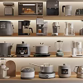 Various Types of Kitchen Appliances Displayed on Shelves for Home Kitchen Use