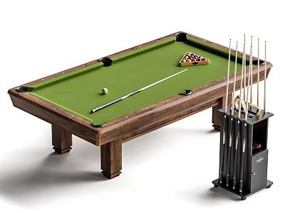 Classic Wooden Billiard Table With Green Felt Surface Pool Cues And Cue Rack 3d model