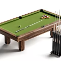 Classic Wooden Billiard Table With Green Felt Surface Pool Cues And Cue Rack