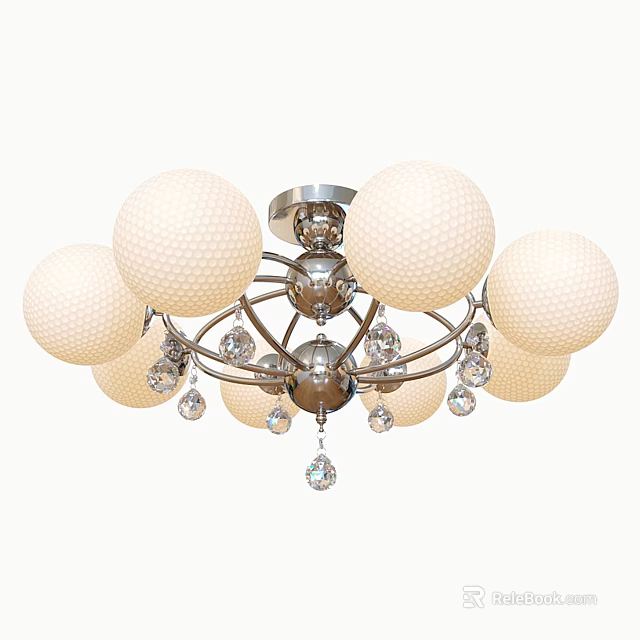 Elegant Ceiling Light With White Honeycomb Spherical Shades Silver Frame And Crystal Pendants 3d model 