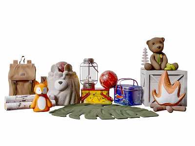 Cute Plush Animal Dolls With Backpack Lantern Leaf And Wooden Box 3d model