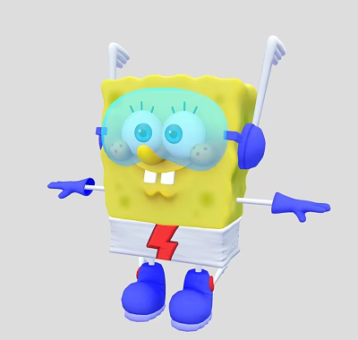 SpongeBob SquarePants Animated Character With Goggles Headphones Blue Gloves Blue Shoes And Outstretched Arms 3d model