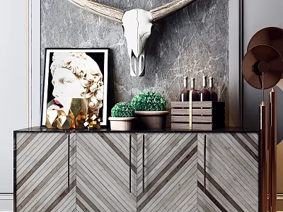 Modern Console Cabinet And Sideboard Design With Herringbone Pattern And Decorative Plants Artwork 3d model