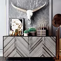 Modern Console Cabinet And Sideboard Design With Herringbone Pattern And Decorative Plants Artwork