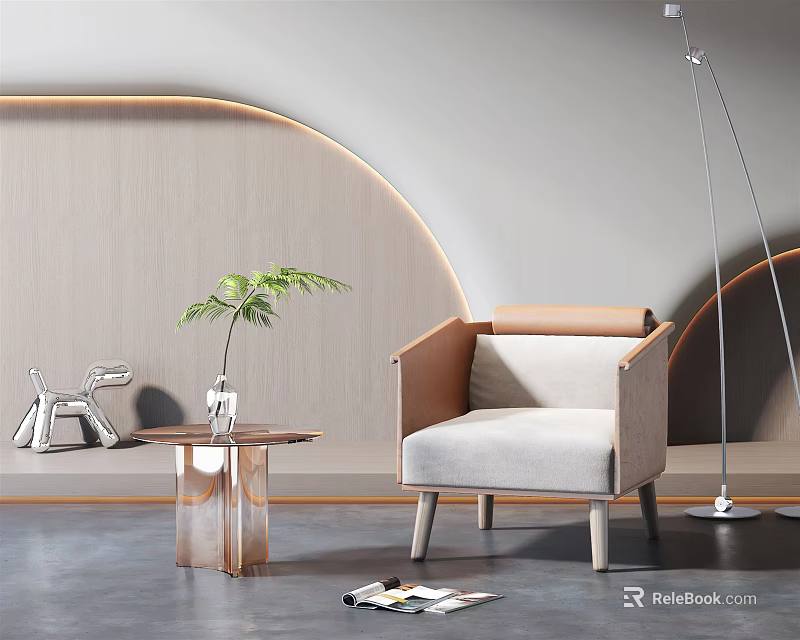 Modern Single Sofa Interior Design With Gray Upholstery Wooden Legs Transparent Table And Potted Plant 3d model 