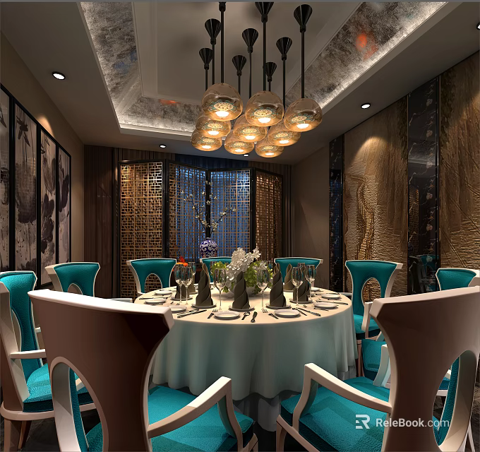 Chinese Style Private Dining Room With Round Table Blue Chairs And Chandeliers 3d model 