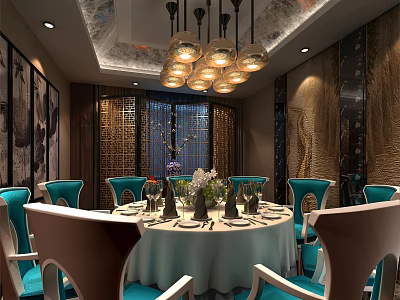 Chinese Style Private Dining Room With Round Table Blue Chairs And Chandeliers 3d model
