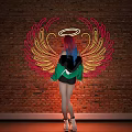 Neon Decorative Lights with Angel Wings and Halo Design on Brick Wall Background