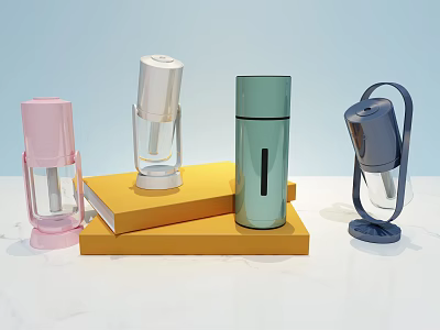 Stylish Daily Electrical Appliances With Modern Design In Pink Silver Green Blue On Yellow Platform 3d model