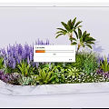 Marble Flower Planter With Purple Flowers Green Shrubs And Palm Leaves