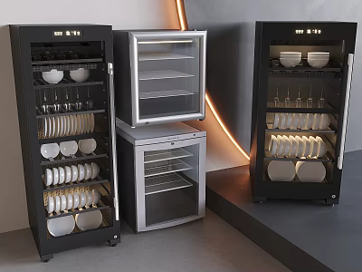Household Kitchen Appliances Refrigerated Display Cabinets In Black And Silver Storing Dishes And Wine Glasses 3d model