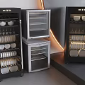 Household Kitchen Appliances Refrigerated Display Cabinets In Black And Silver Storing Dishes And Wine Glasses