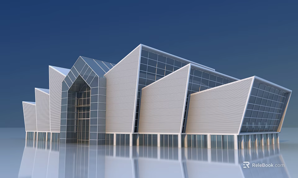 Modern Architectural Exterior With Geometric Glass Curtain Walls And Metal Panels On Reflective Surface 3d model 