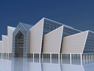 Modern Architectural Exterior With Geometric Glass Curtain Walls And Metal Panels On Reflective Surface 3d model