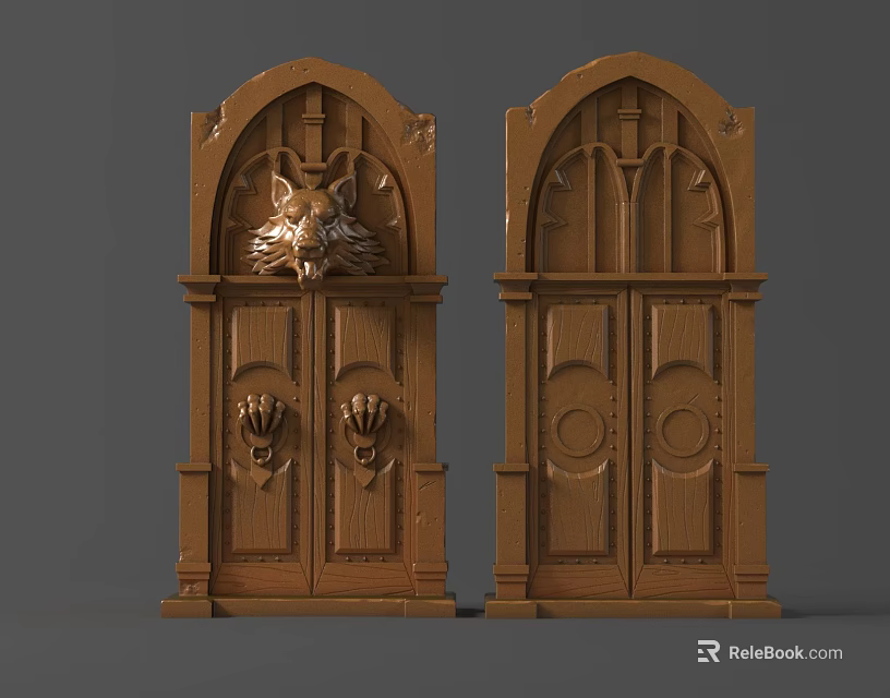 Antique Wooden Doors With Mythical Beast Head Ornament Circular Patterns And Intricate Carvings 3d model 