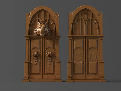 Antique Wooden Doors With Mythical Beast Head Ornament Circular Patterns And Intricate Carvings 3d model