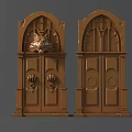 Antique Wooden Doors With Mythical Beast Head Ornament Circular Patterns And Intricate Carvings