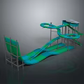 Outdoor Water Slide Structure With Multiple Curved Slides Green Blue Design And Metal Frame