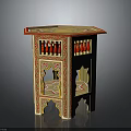 Elegant Hexagonal Side Table With Red And Gold Decorations And Intricate Carvings