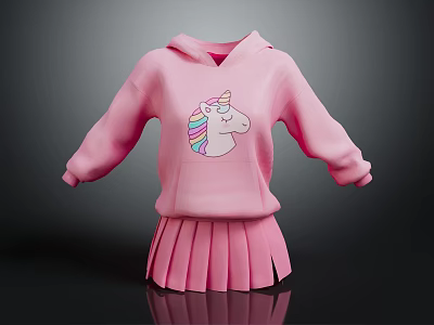 Soft Pink Hooded Sweatshirt With Unicorn Print And Matching Pleated Skirt 3d model